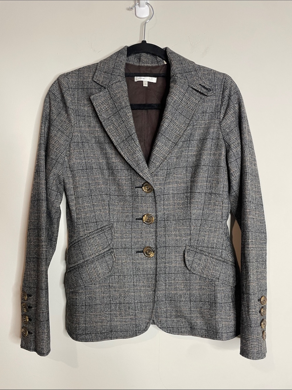 Vince | Women’s Gray Plaid Wool Blend Blazer Size 4 - Picture 1 of 5